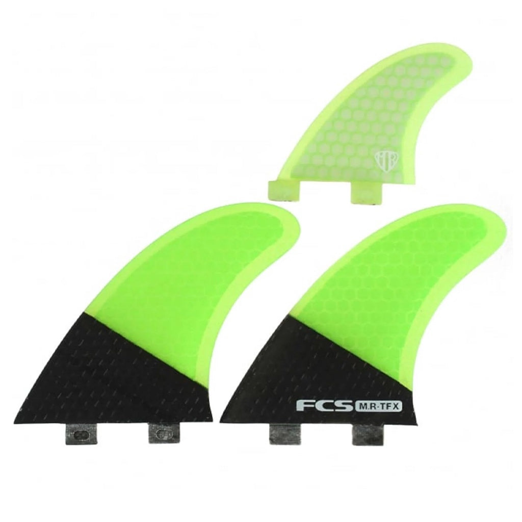 FCS x Mark Richards | MR TFX PC & Carbon Twin + Stabiliser Tri Fin Set. Carbon/Fluro Green