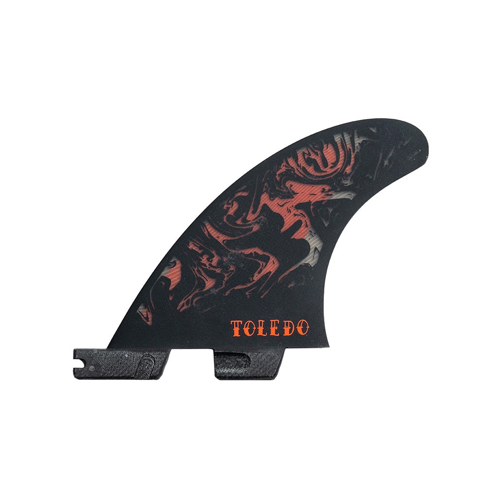 FCS2 x Filipe Toledo | FT Accelerator PC AirCore Grom / X- Small Tri Fin Set. Black/Red