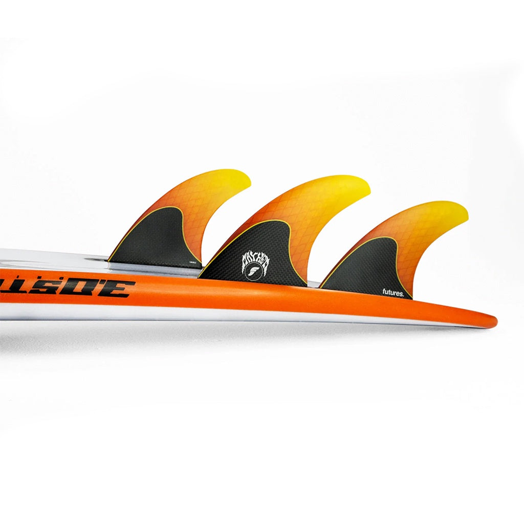 Futures x Mayhem | Rake 3.0 Honeycomb / Carbon Small Tri Fin Set. Orange / Carbon