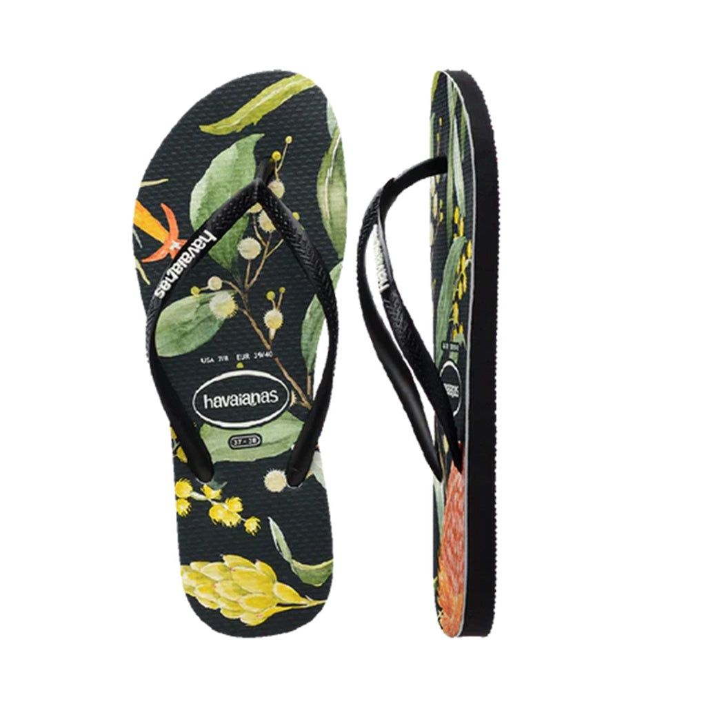 Havaianas | Slim Strap Fauna Bush Flower Print Thongs. Black