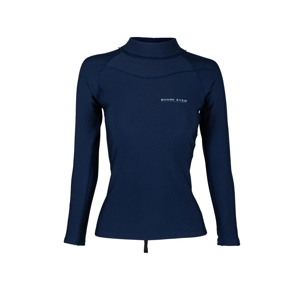 Shark Eyes | Ladies 1.5mm Long Sleeve Hydrophobic Thermal UV50+ Rash Vest Surf Top. Navy