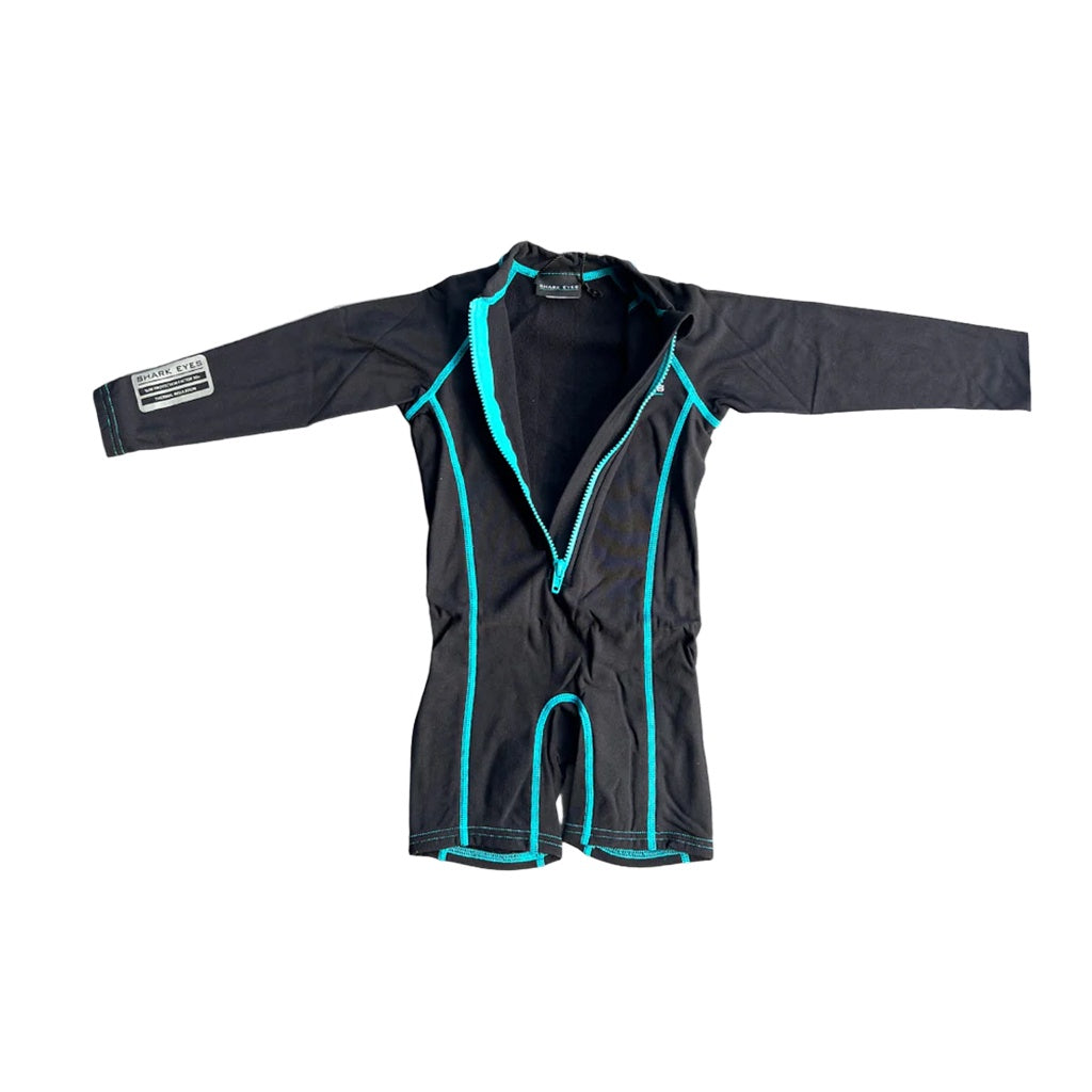 Shark Eyes | Toddlers 1.5mm Front Zip Long Sleeve Hydrophobic Thermal UV50+ Spring Suit. Black / Neon Blue