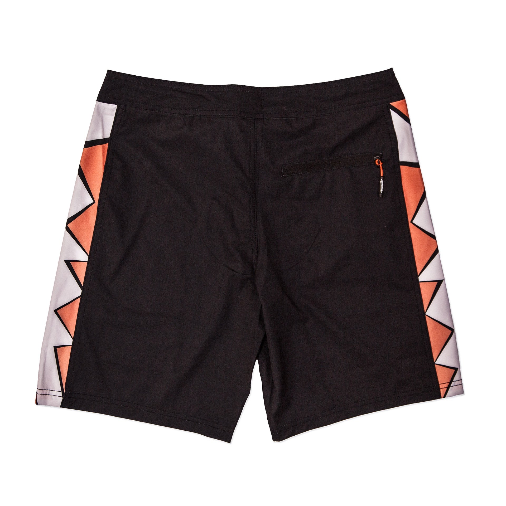 Santosha | Jagged Fixed Waist 19" Boardshorts. Black / Orange