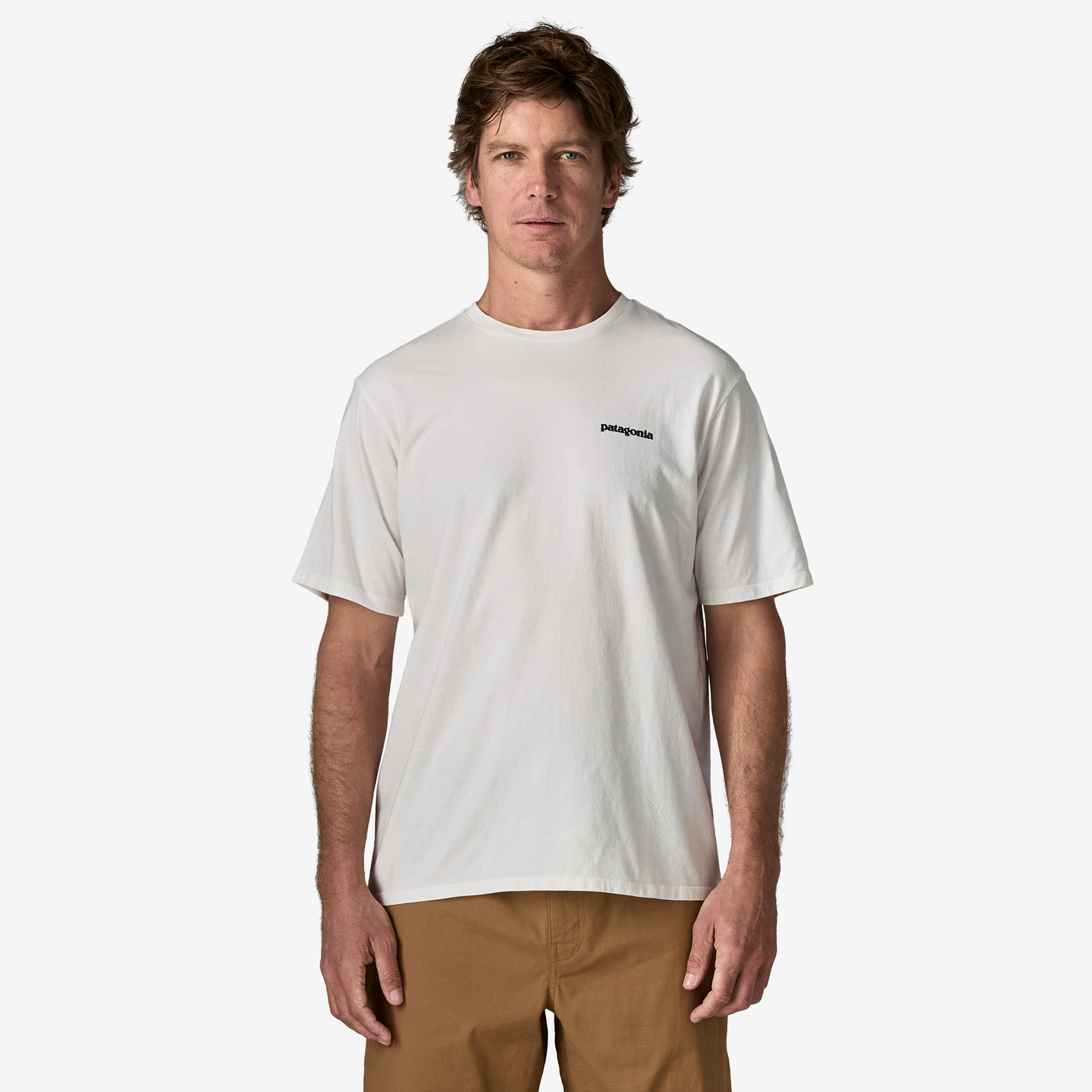 Patagonia | Men's P-6 Logo Responsibility Short Sleeve T-Shirt. Fiber White